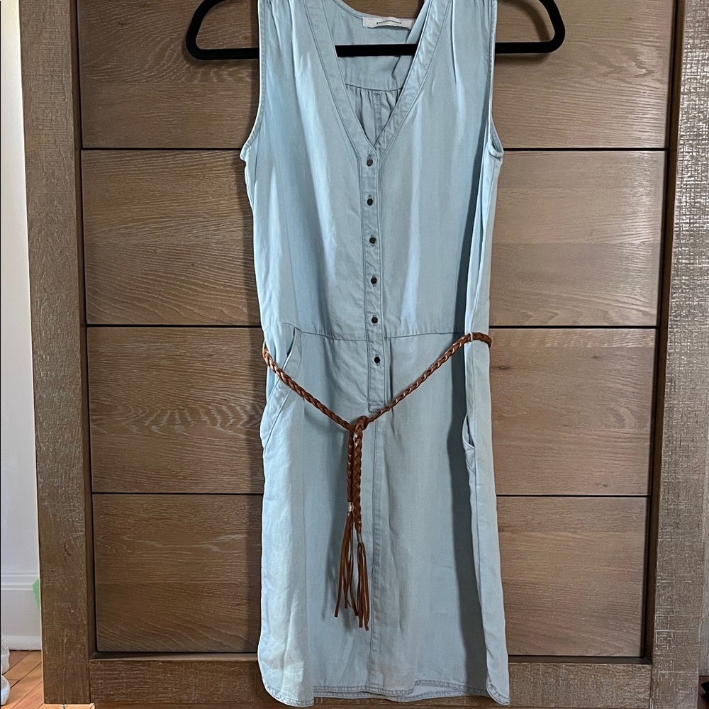 PROMODE Chic Sleeveless Light Blue Denim Dress with Braided Brown Belt